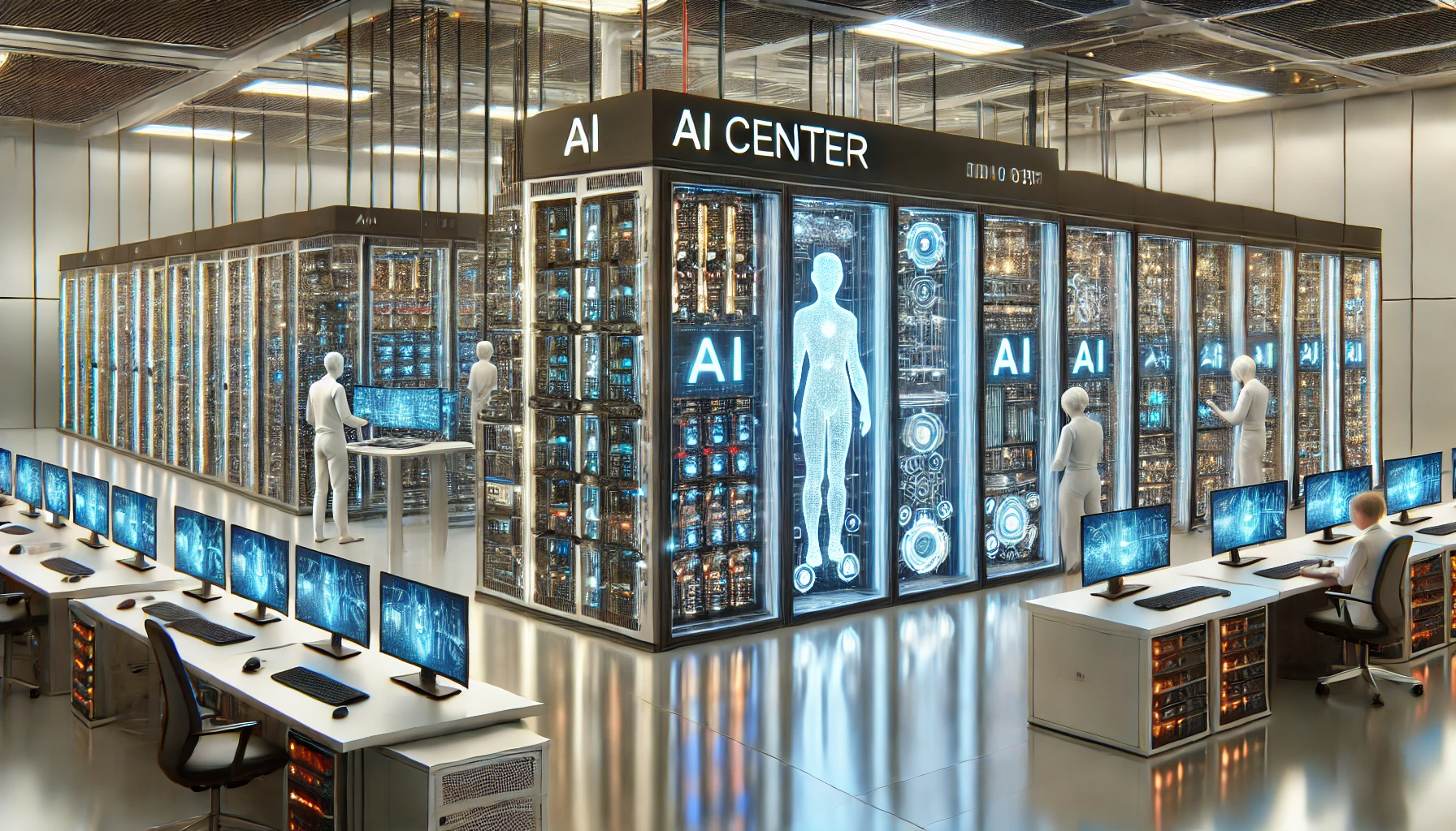 DALL·E 2024-11-25 01.31.35 - A realistic image of an AI center. The scene includes advanced AI servers, high-tech equipment, and futuristic infrastructure. There are server racks