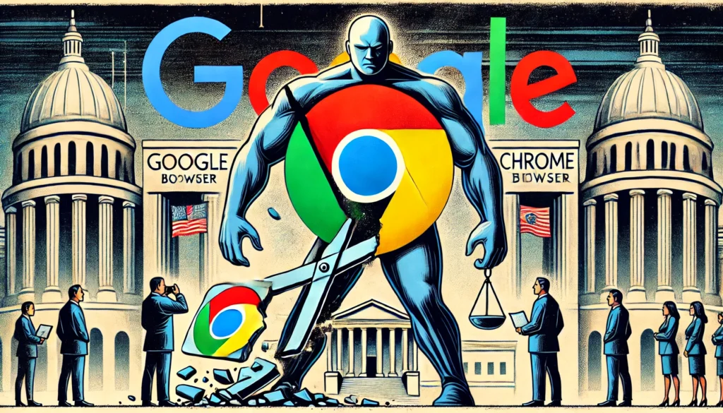 An-illustration-depicting-a-split-between-Google-and-its-Chrome-browser.-The-image-shows-a-symbolic-representation-of-Google-depicted-as-a-large-dom