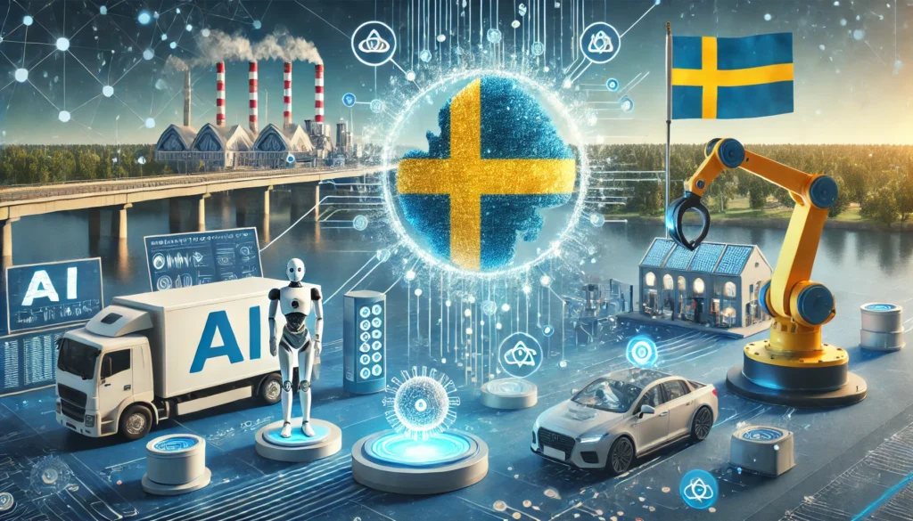 DALL·E 2024-11-25 01.53.45 - A realistic illustration representing the development of AI in Sweden. The image features key elements such as healthcare with AI diagnostics, industr