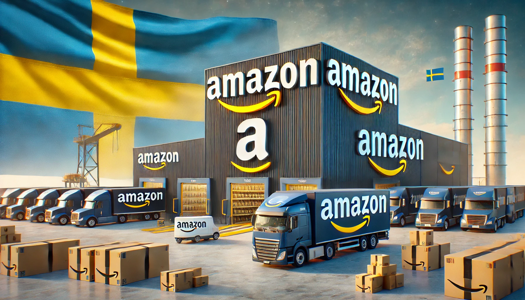 DALL·E 2024-11-25 02.09.42 - A realistic illustration representing Amazon's establishment in Sweden. The image features elements like Amazon's logo on a distribution center, deliv