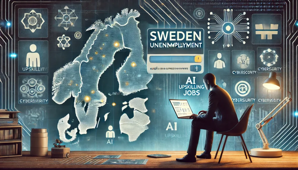 DALL·E 2024-11-25 02.14.40 - A realistic illustration representing IT unemployment in Sweden. The image features a person sitting in front of a laptop looking at job postings rela