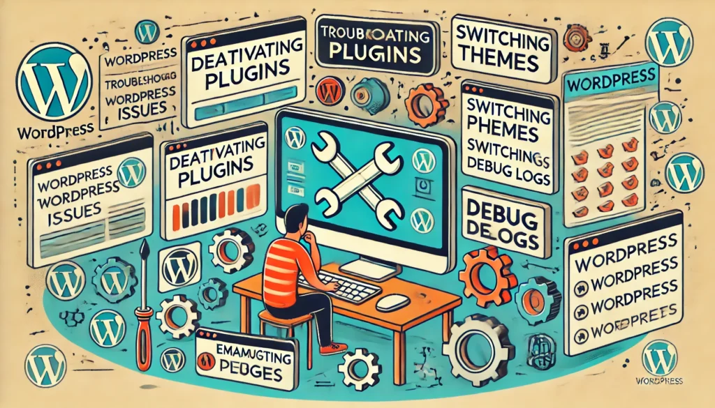 DALL·E 2024-11-25 11.13.48 - A detailed illustration of troubleshooting WordPress issues, featuring icons for deactivating plugins, switching themes, and examining debug logs. The