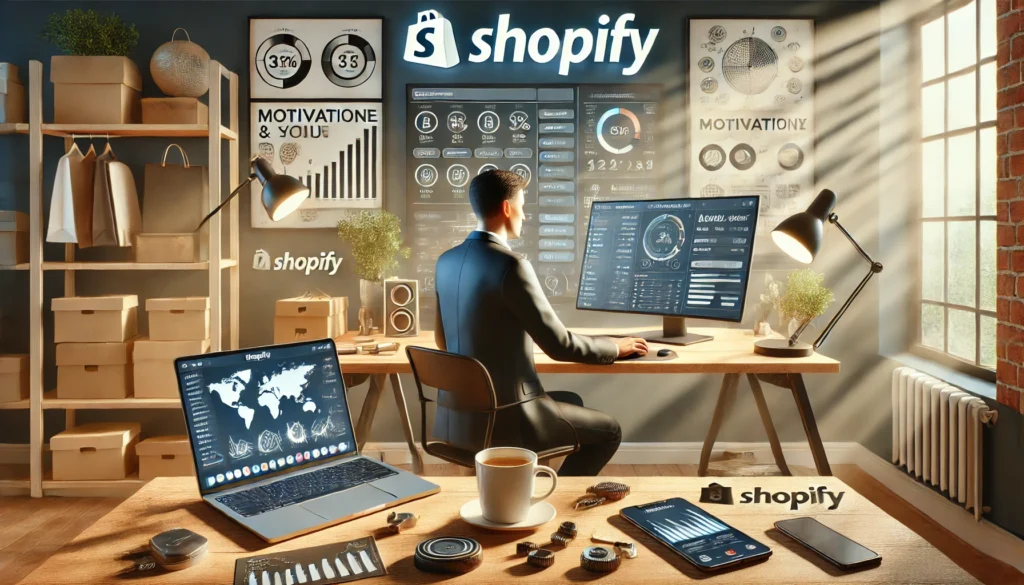 DALL·E 2024-11-25 18.10.10 - A visually detailed and realistic illustration of an e-commerce entrepreneur working on Shopify at a modern desk setup, surrounded by gadgets and a la