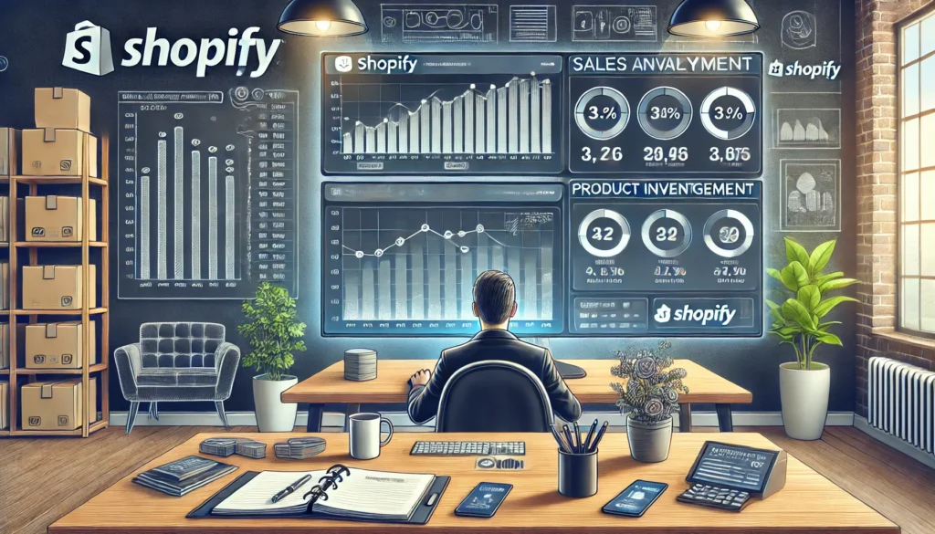 DALL·E 2024-11-25 18.10.19 - A detailed and realistic illustration of a Shopify store dashboard showing sales analytics and product inventory management on a large screen. The bac