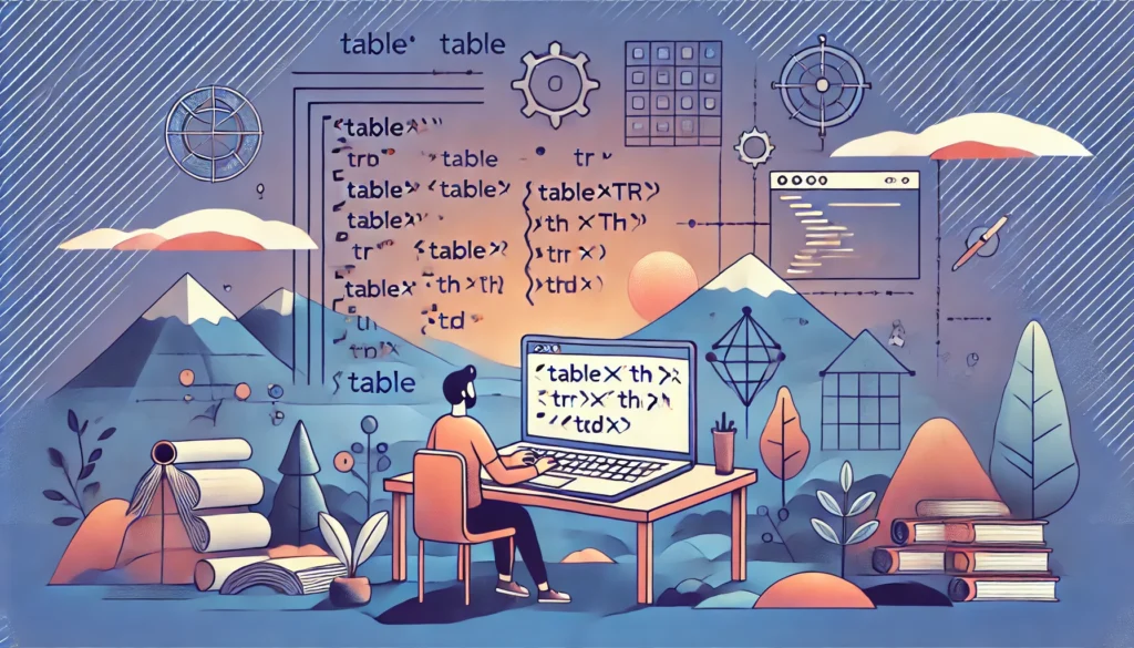 DALL·E 2024-11-25 23.15.33 - A creative and educational landscape illustration for an HTML lesson on creating tables. The scene should show a person working on a laptop with HTML