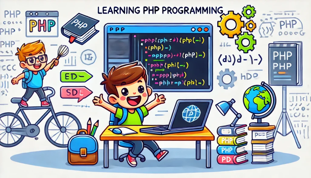 DALL·E 2024-11-26 02.06.50 - A cartoon-style illustration representing learning PHP programming, with a friendly depiction of a computer screen showing PHP code, a character excit