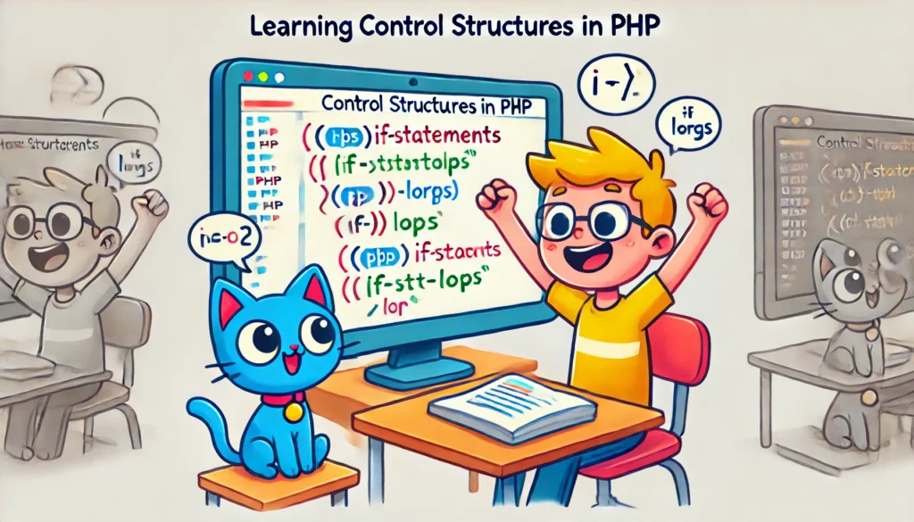 DALL·E 2024-11-26 02.12.04 - A cartoon-style illustration representing learning control structures in PHP. The image features a friendly depiction of a computer screen showing PHP