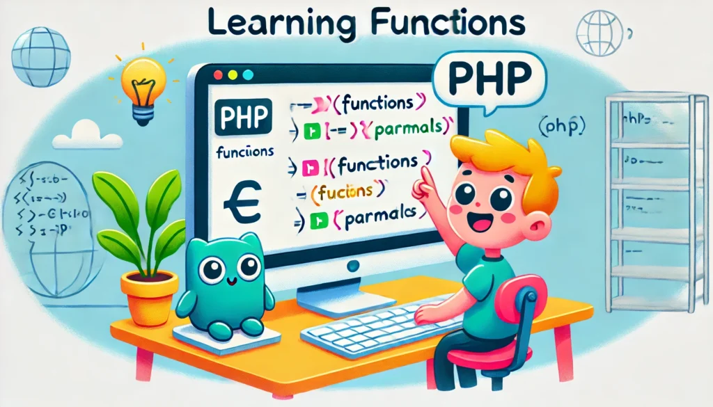 DALL·E 2024-11-26 02.15.24 - A cartoon-style illustration representing learning functions in PHP. The image features a friendly depiction of a computer screen showing PHP code wit