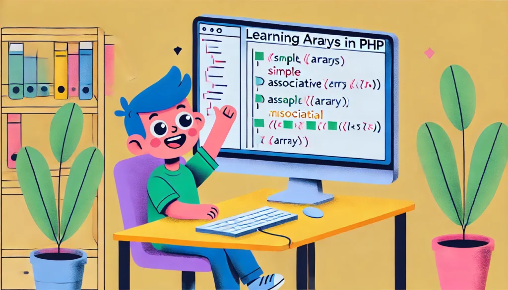 DALL·E 2024-11-26 02.17.47 - A cartoon-style illustration representing learning arrays in PHP. The image features a friendly depiction of a computer screen with PHP code showing d