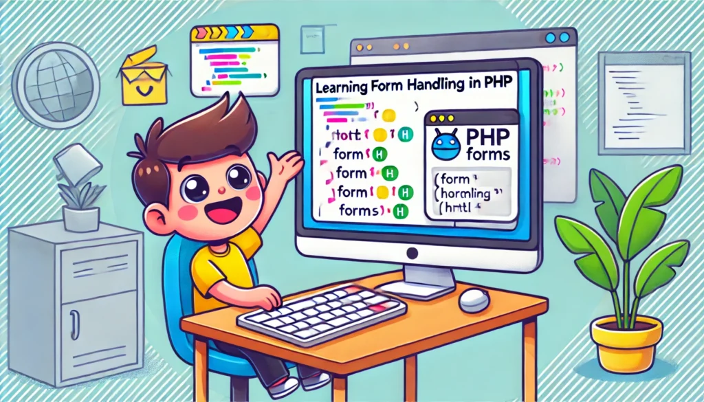 DALL·E 2024-11-26 02.19.40 - A cartoon-style illustration representing learning form handling in PHP. The image features a friendly depiction of a computer screen showing PHP code