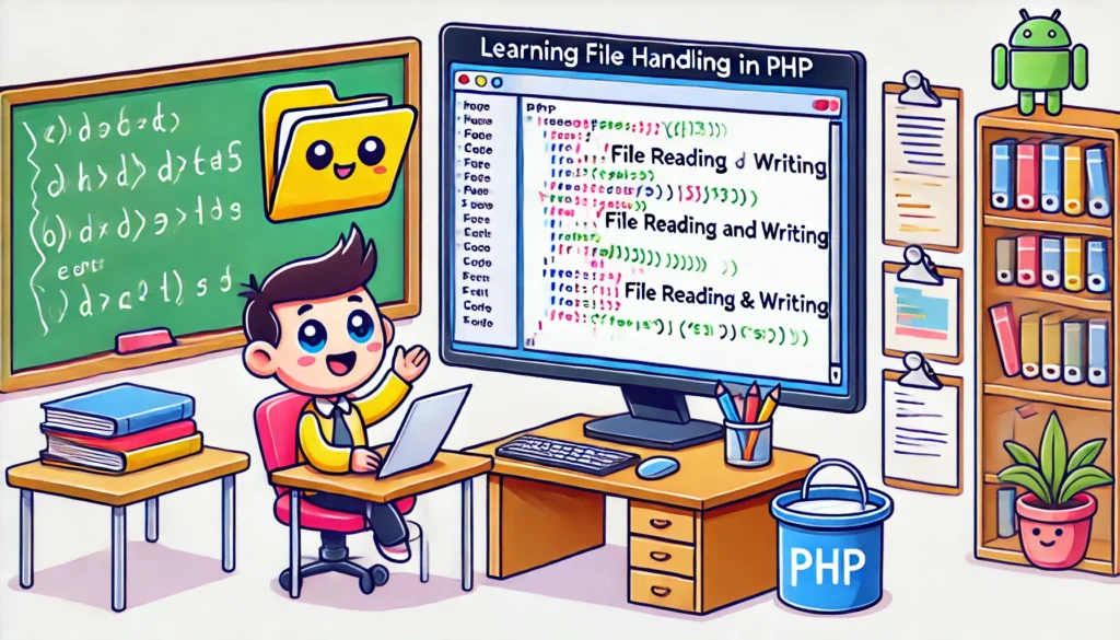 DALL·E 2024-11-26 02.23.24 - A cartoon-style illustration representing learning file handling in PHP. The image features a friendly depiction of a computer screen showing PHP code