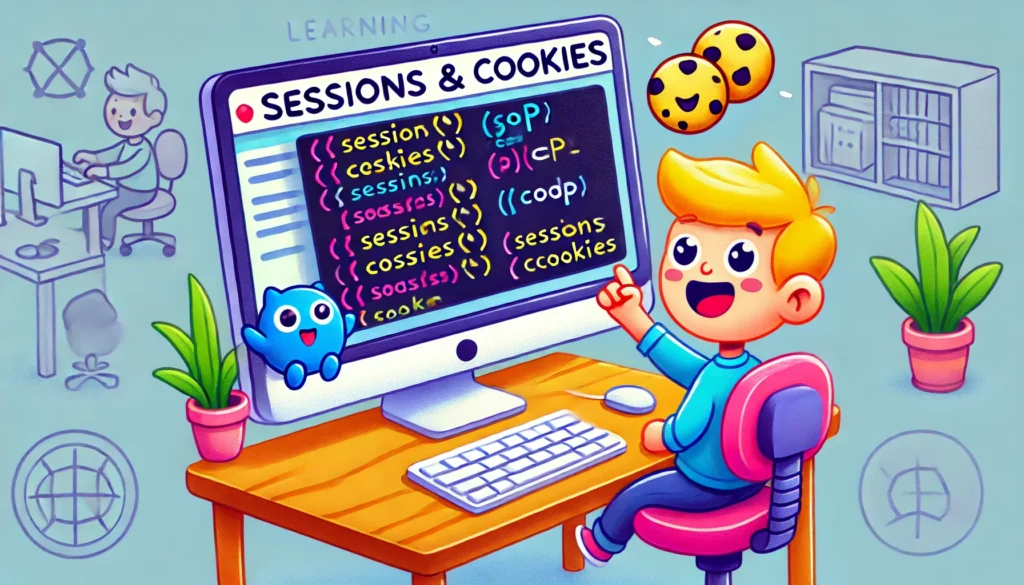 DALL·E 2024-11-26 02.26.20 - A cartoon-style illustration representing learning sessions and cookies in PHP. The image features a friendly depiction of a computer screen showing P