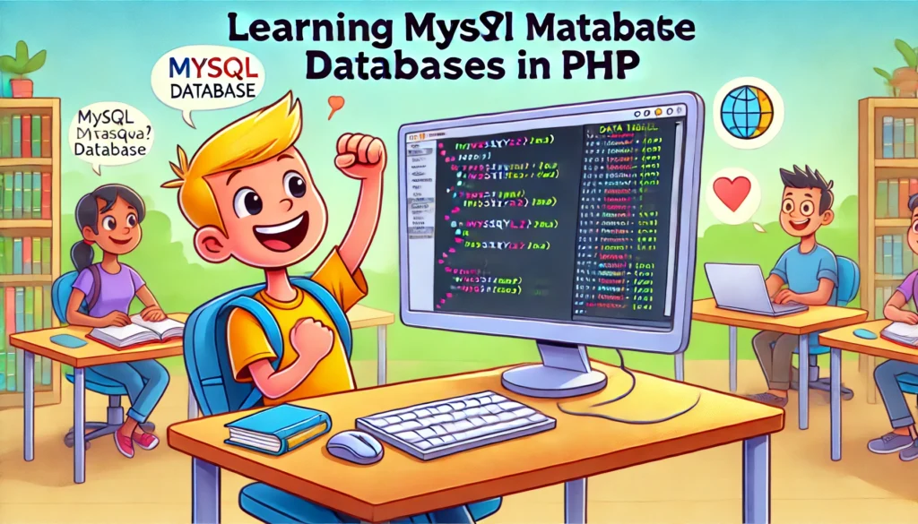 DALL·E 2024-11-26 02.29.45 - A cartoon-style illustration representing learning MySQL databases in PHP. The image features a friendly depiction of a computer screen with PHP code