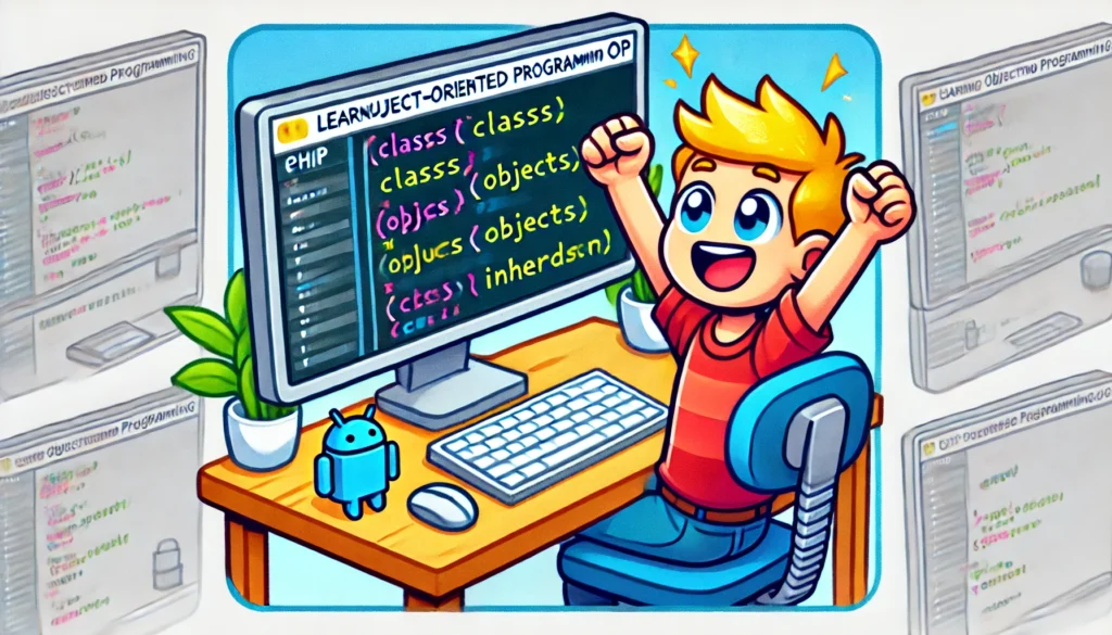 DALL·E 2024-11-26 02.35.21 - A cartoon-style illustration representing learning object-oriented programming (OOP) in PHP. The image features a friendly depiction of a computer scr