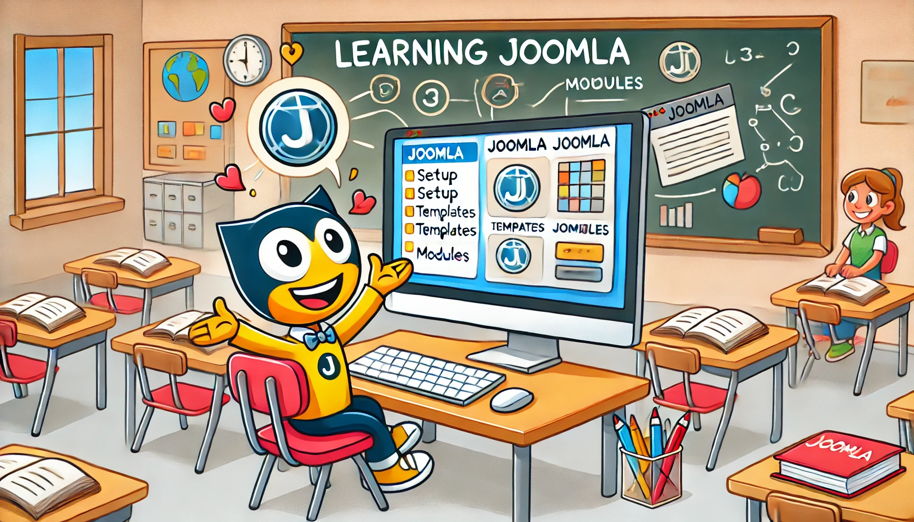 DALL·E 2024-11-26 02.45.01 - A cartoon-style illustration representing learning Joomla. The image features a friendly depiction of a computer screen showing Joomla setup, template