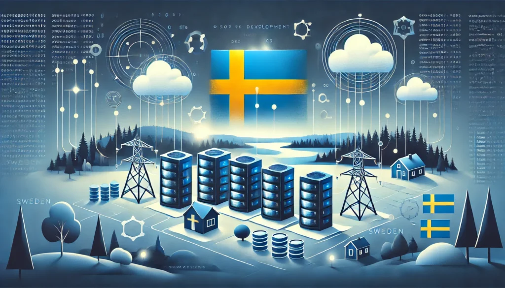 DALL·E 2024-12-05 05.37.55 - A modern and sleek illustration representing hosting and web development in Sweden. The image features a Scandinavian landscape in the background with